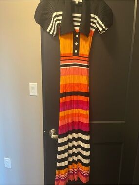 Christopher John Rogers Black Pleated Dress with Orange and Red Accents